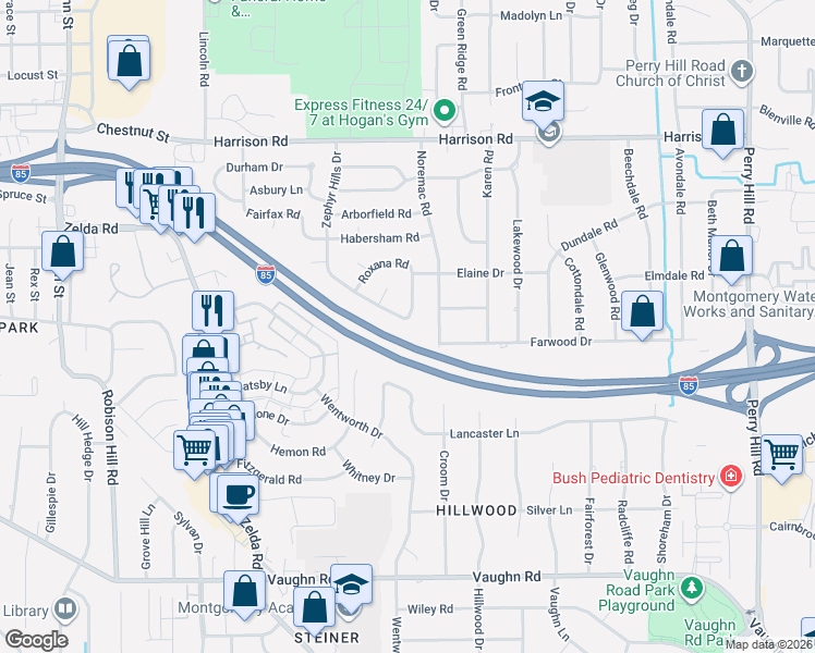 map of restaurants, bars, coffee shops, grocery stores, and more near 1360 Zephyr Hills Drive in Montgomery