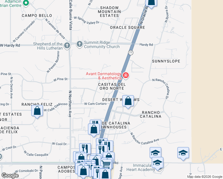 map of restaurants, bars, coffee shops, grocery stores, and more near 8460 North Vía Tioga in Tucson