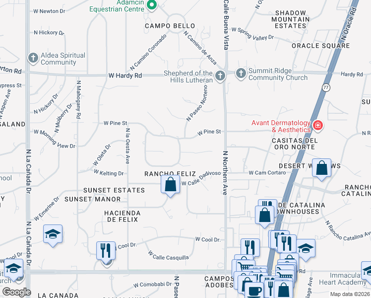 map of restaurants, bars, coffee shops, grocery stores, and more near 766 West Cam Del Oro in Tucson