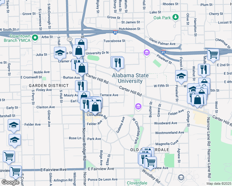 map of restaurants, bars, coffee shops, grocery stores, and more near 853 Terrace Avenue in Montgomery