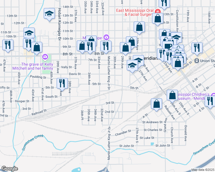 map of restaurants, bars, coffee shops, grocery stores, and more near 3107-3111 5th Street in Meridian