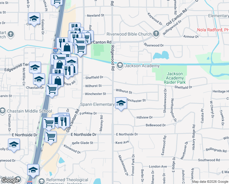 map of restaurants, bars, coffee shops, grocery stores, and more near 1616 Wilhurst Street in Jackson