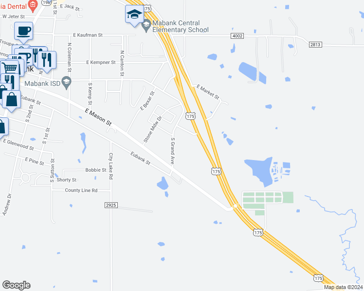 map of restaurants, bars, coffee shops, grocery stores, and more near 209 South Grand Avenue in Mabank