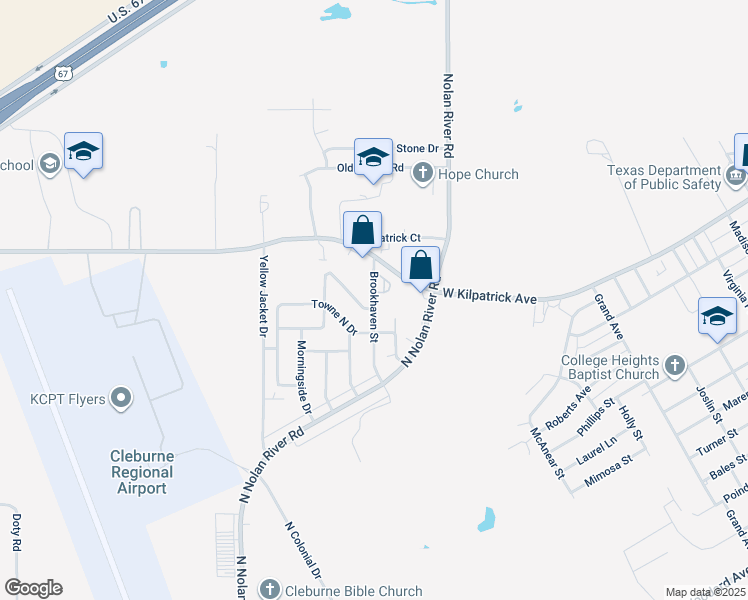 map of restaurants, bars, coffee shops, grocery stores, and more near 2004 Pebblecreek Drive in Cleburne