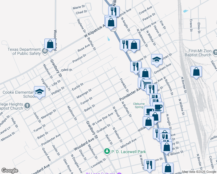 map of restaurants, bars, coffee shops, grocery stores, and more near 308 Turner Street in Cleburne