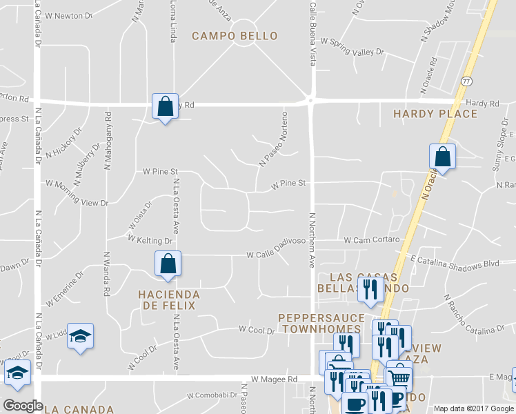 map of restaurants, bars, coffee shops, grocery stores, and more near 766 West Cam Del Oro in Tucson