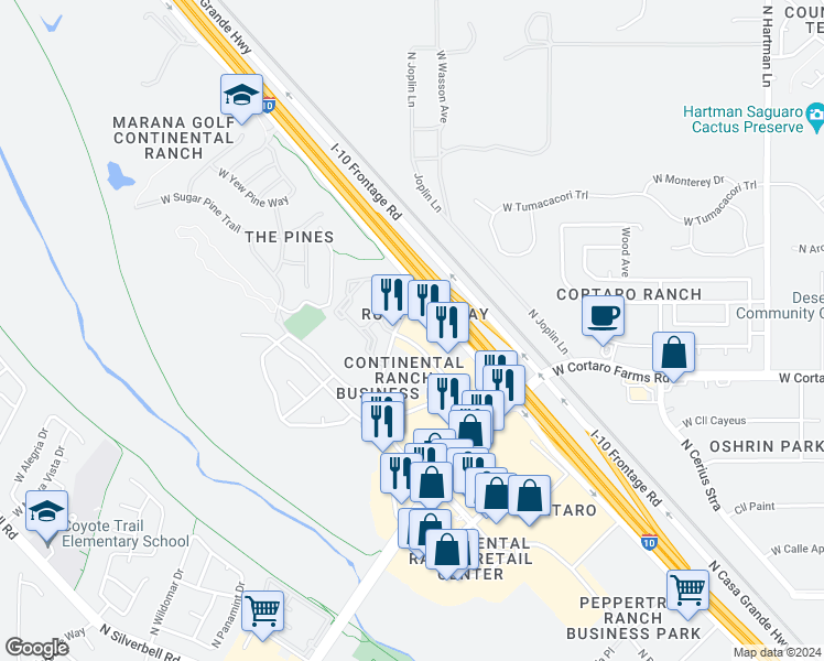 map of restaurants, bars, coffee shops, grocery stores, and more near 8500 North Cracker Barrel Road in Tucson