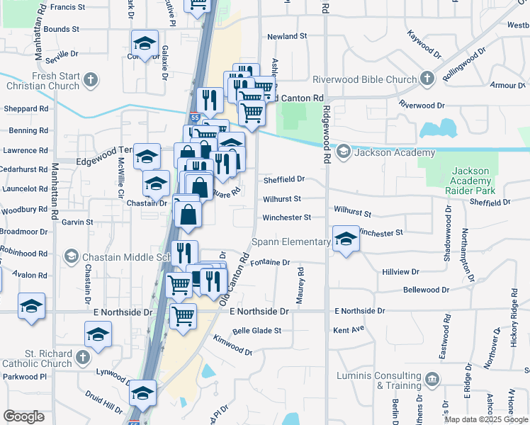 map of restaurants, bars, coffee shops, grocery stores, and more near 1410 Winchester St in Jackson
