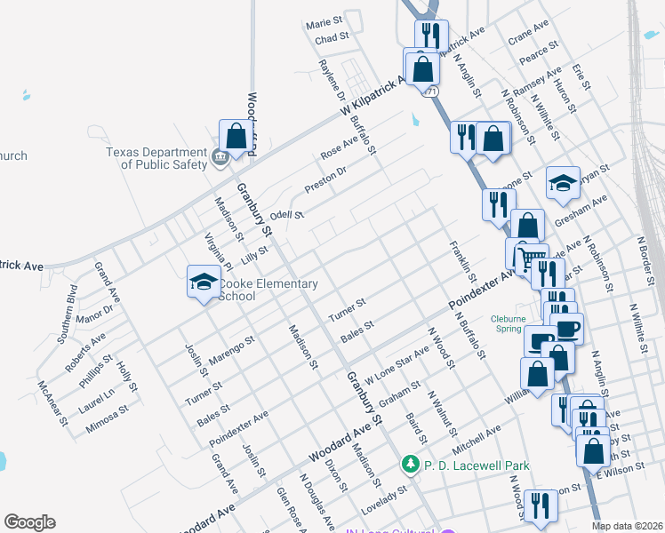 map of restaurants, bars, coffee shops, grocery stores, and more near 526 Euclid Street in Cleburne
