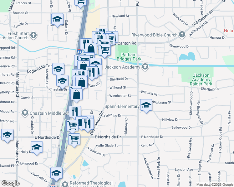map of restaurants, bars, coffee shops, grocery stores, and more near 1428 Winchester Street in Jackson