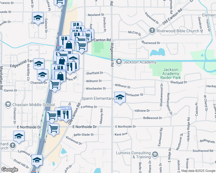map of restaurants, bars, coffee shops, grocery stores, and more near 1536 Winchester Street in Jackson