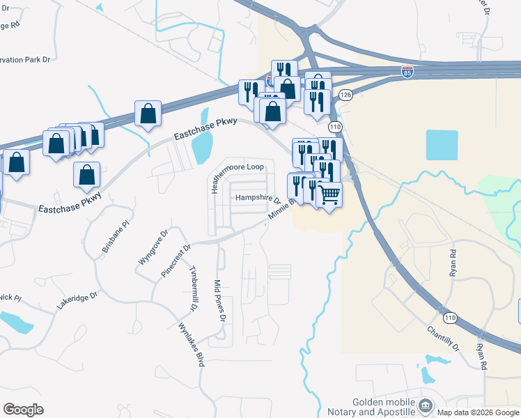 map of restaurants, bars, coffee shops, grocery stores, and more near 6949 Heathermoore Loop in Montgomery