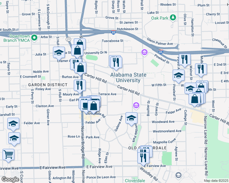 map of restaurants, bars, coffee shops, grocery stores, and more near 853 Terrace Avenue in Montgomery