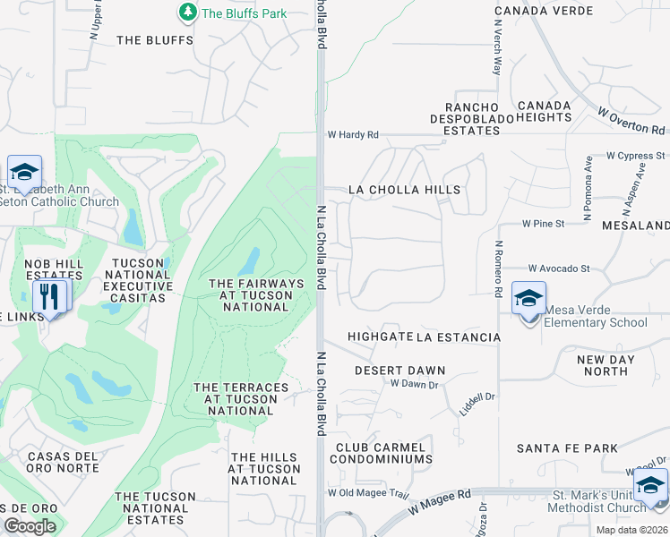 map of restaurants, bars, coffee shops, grocery stores, and more near 8511 North Breezewood Place in Tucson