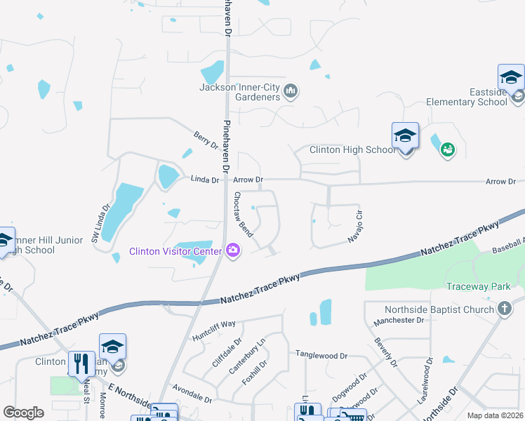 map of restaurants, bars, coffee shops, grocery stores, and more near 105 Cherokee Trail in Clinton