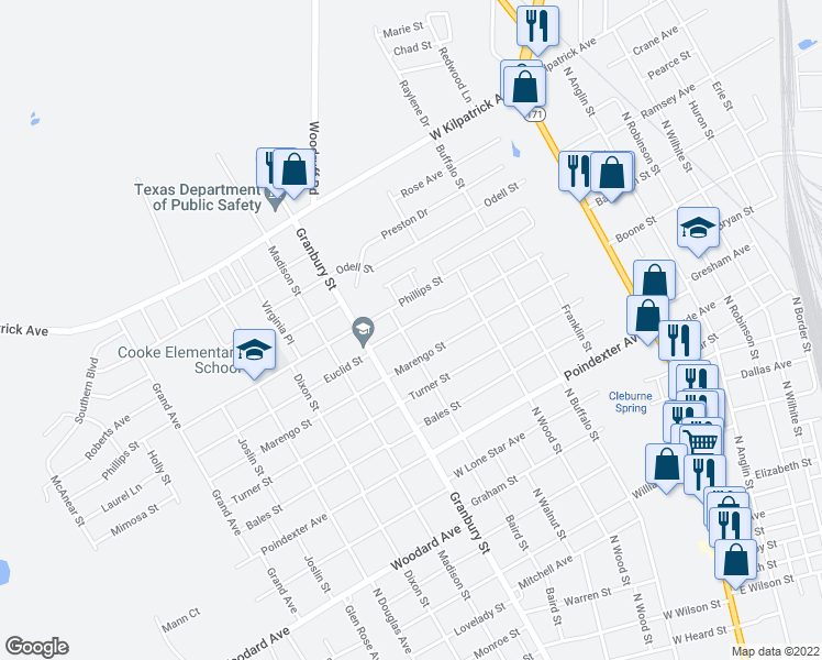 map of restaurants, bars, coffee shops, grocery stores, and more near 527 Euclid Street in Cleburne