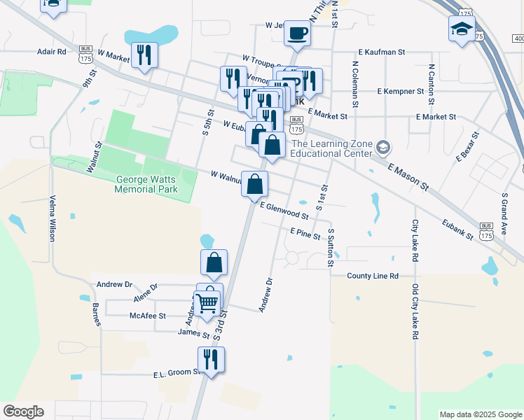 map of restaurants, bars, coffee shops, grocery stores, and more near 100 East Glenwood Street in Mabank