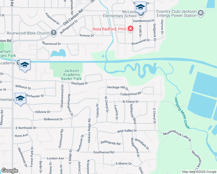 map of restaurants, bars, coffee shops, grocery stores, and more near 2200 Heritage Hill Drive in Jackson
