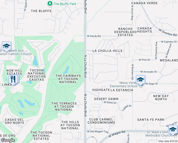 map of restaurants, bars, coffee shops, grocery stores, and more near 8511 North Breezewood Place in Tucson