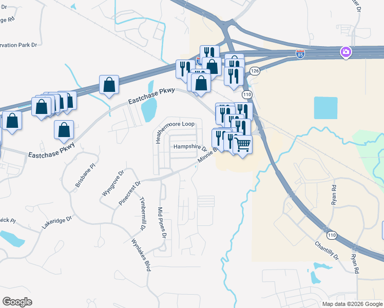 map of restaurants, bars, coffee shops, grocery stores, and more near 6949 Heathermoore Loop in Montgomery