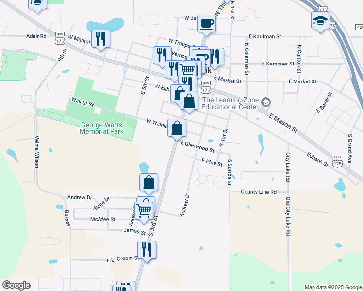 map of restaurants, bars, coffee shops, grocery stores, and more near 100 East Glenwood Street in Mabank