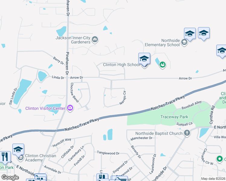 map of restaurants, bars, coffee shops, grocery stores, and more near 201 Navajo Circle in Clinton