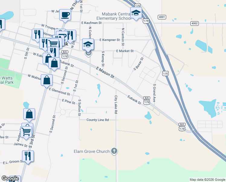 map of restaurants, bars, coffee shops, grocery stores, and more near 520 East Eubank Street in Mabank