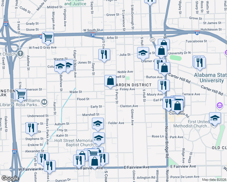 map of restaurants, bars, coffee shops, grocery stores, and more near 1202 South Perry Street in Montgomery