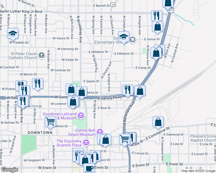 map of restaurants, bars, coffee shops, grocery stores, and more near 306 East Rosedale Street in Tyler