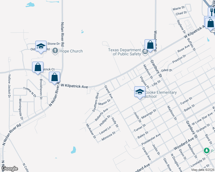 map of restaurants, bars, coffee shops, grocery stores, and more near 1910 Grand Avenue in Cleburne