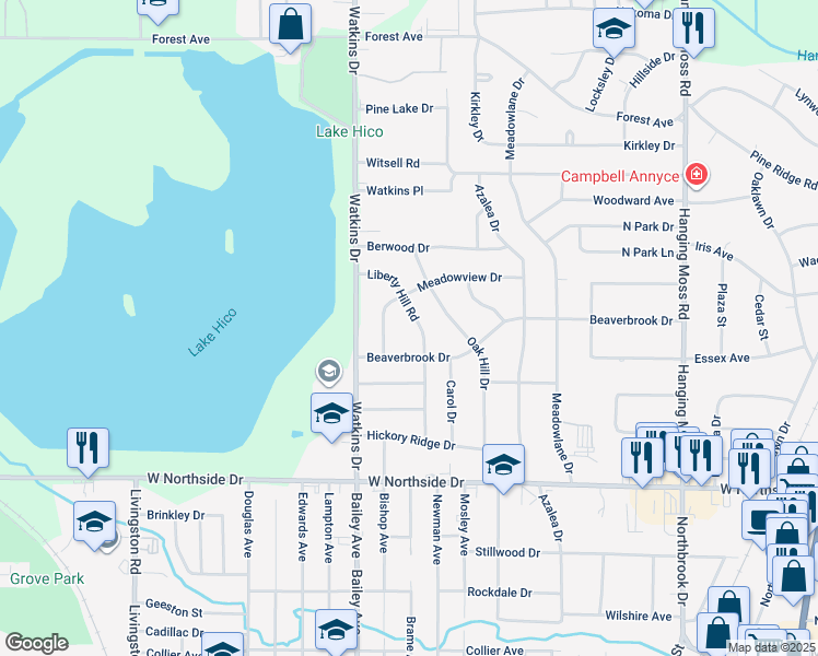 map of restaurants, bars, coffee shops, grocery stores, and more near 4325 Liberty Hill Rd in Jackson
