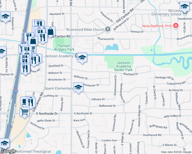 map of restaurants, bars, coffee shops, grocery stores, and more near 1676 Wilhurst Street in Jackson