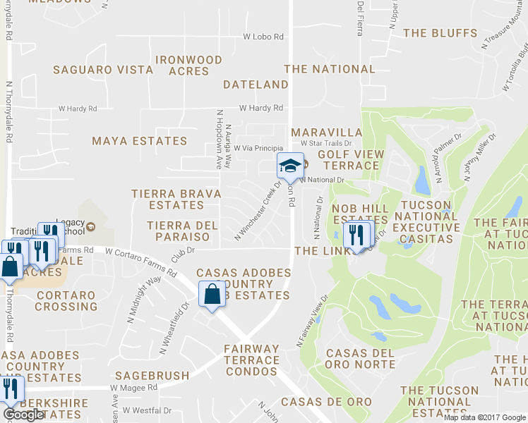 map of restaurants, bars, coffee shops, grocery stores, and more near 8506 North Winchester Creek Drive in Tucson