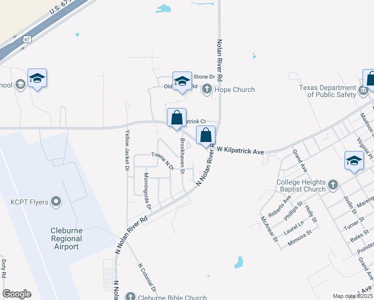 map of restaurants, bars, coffee shops, grocery stores, and more near 1808 Brookhaven Street in Cleburne