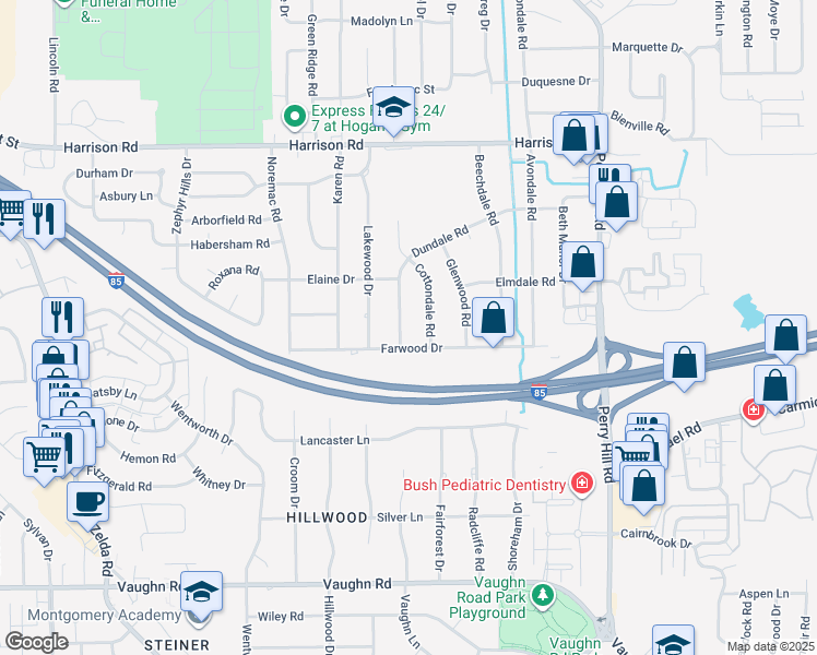 map of restaurants, bars, coffee shops, grocery stores, and more near 3414 Dundale Road in Montgomery
