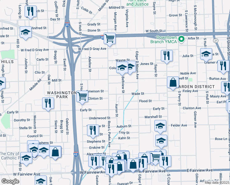 map of restaurants, bars, coffee shops, grocery stores, and more near 1264 Aaron Street in Montgomery