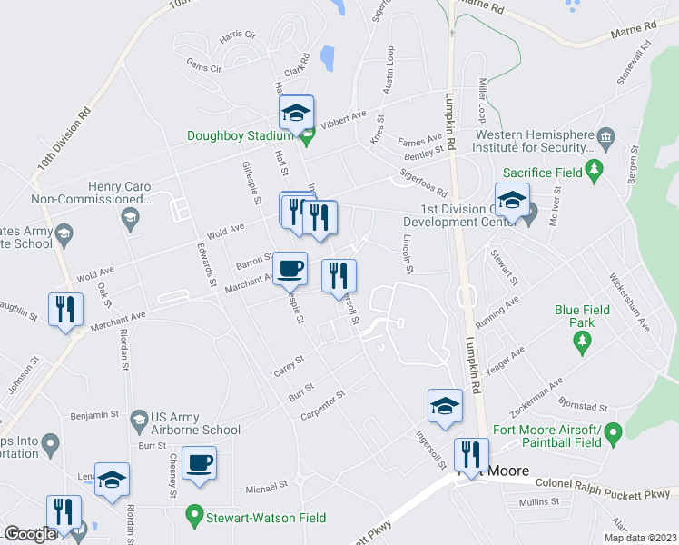 map of restaurants, bars, coffee shops, grocery stores, and more near Ingersoll Street in Fort Benning
