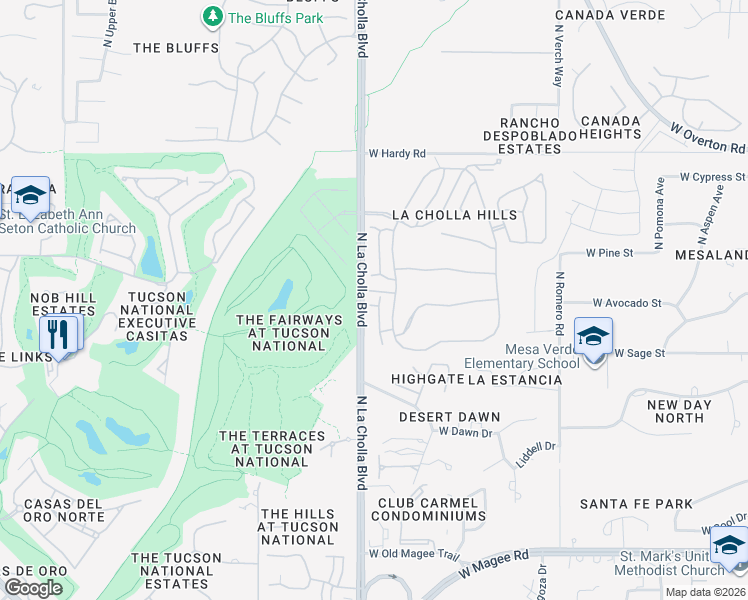 map of restaurants, bars, coffee shops, grocery stores, and more near 8511 North Breezewood Place in Tucson