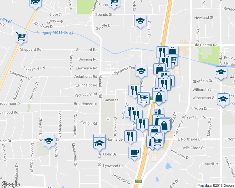 map of restaurants, bars, coffee shops, grocery stores, and more near 4824 Chastain Drive in Jackson
