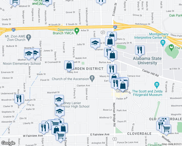 map of restaurants, bars, coffee shops, grocery stores, and more near 312 Finley Avenue in Montgomery