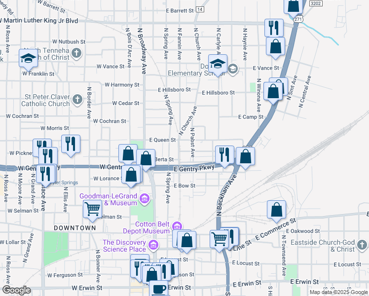 map of restaurants, bars, coffee shops, grocery stores, and more near 306 E Rosedale St in Tyler