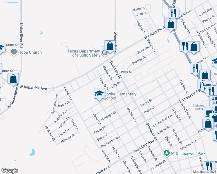map of restaurants, bars, coffee shops, grocery stores, and more near 708 Lilly Street in Cleburne