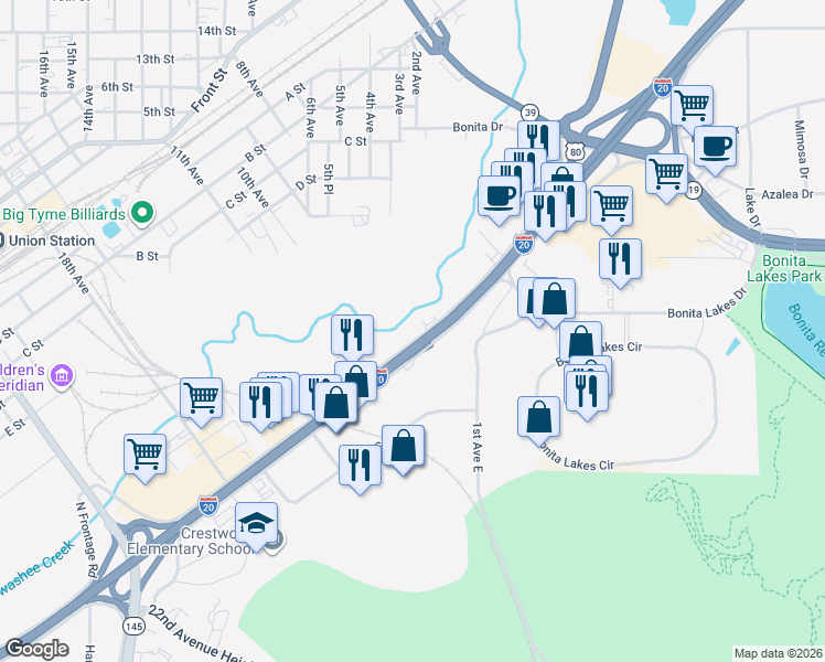 map of restaurants, bars, coffee shops, grocery stores, and more near 900 North Frontage Road in Meridian