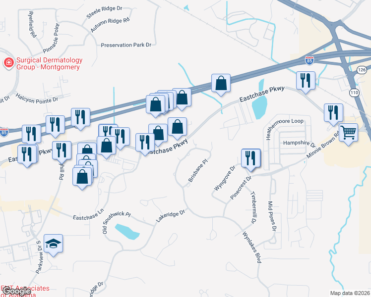 map of restaurants, bars, coffee shops, grocery stores, and more near 7346 Brisbane Place in Montgomery