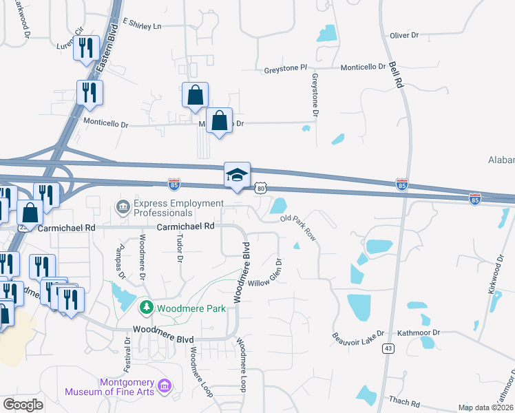 map of restaurants, bars, coffee shops, grocery stores, and more near 1325 Old Park Row in Montgomery