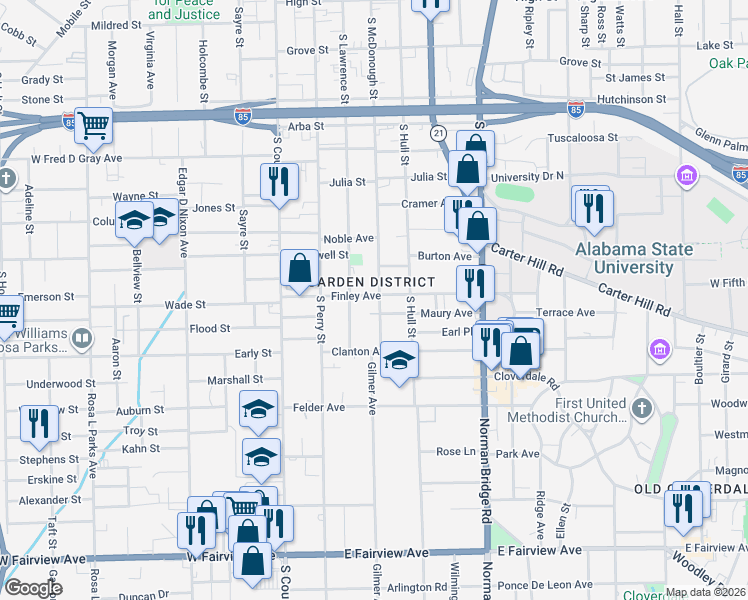 map of restaurants, bars, coffee shops, grocery stores, and more near 312 Finley Avenue in Montgomery