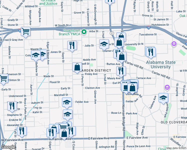 map of restaurants, bars, coffee shops, grocery stores, and more near 1209 South Lawrence Street in Montgomery