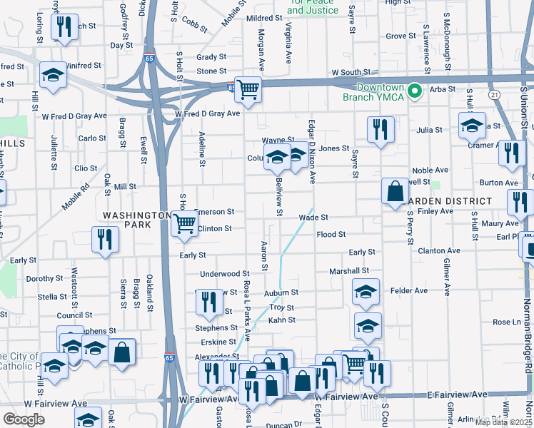map of restaurants, bars, coffee shops, grocery stores, and more near 1264 Aaron St in Montgomery