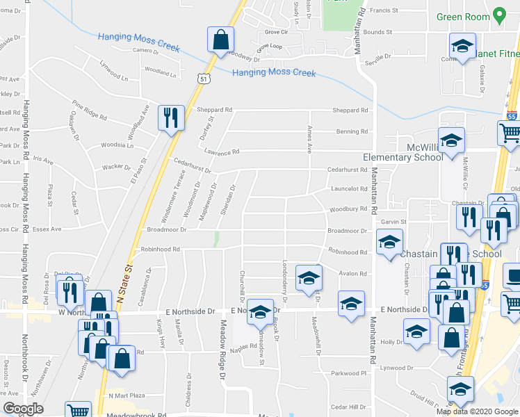 map of restaurants, bars, coffee shops, grocery stores, and more near 540 Woodbury Road in Jackson