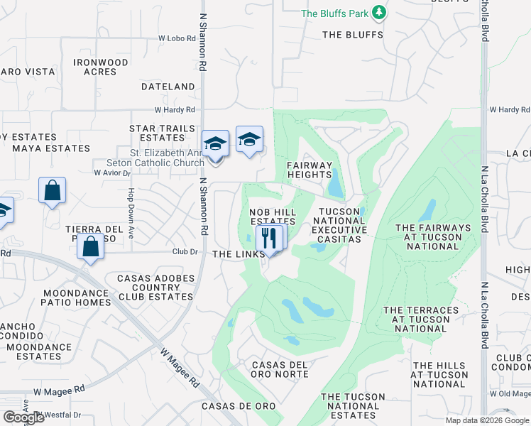 map of restaurants, bars, coffee shops, grocery stores, and more near 8510 North Nob Hill Drive in Tucson